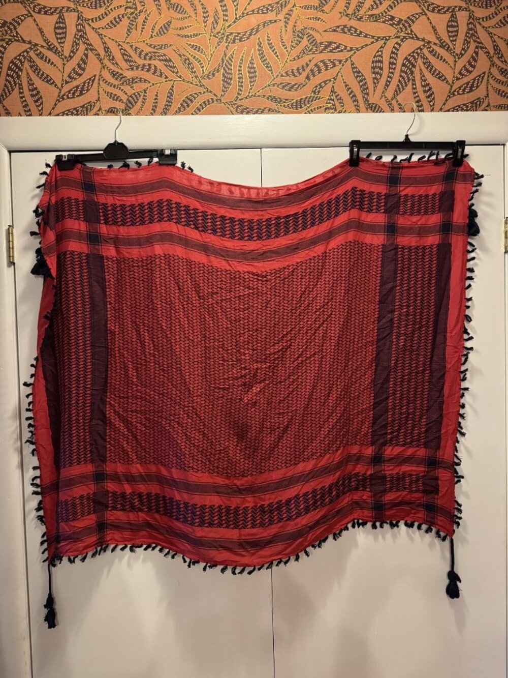 J.CREW Patterned Tassel Scarf Red Navy Women's One Size